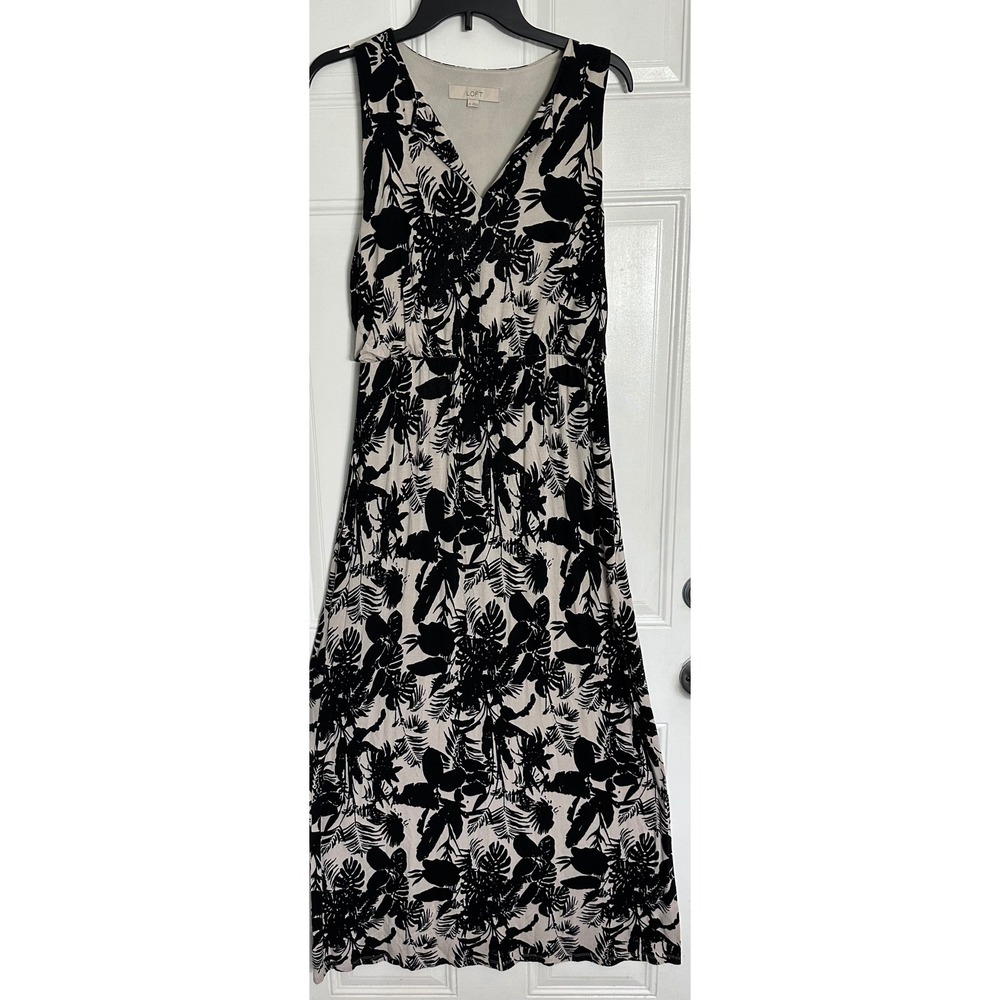 Ann Taylor Loft Womens Medium Black Tan Tropical Palm Leaf Sleeveless Maxi Dress